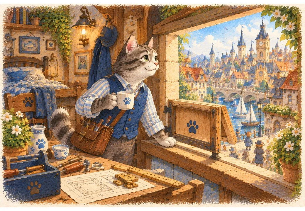 A grey tabby cat in a waistcoat holds a mug of milk and looks out of an open wooden hatch over a sunny city of spires and sailing boats.