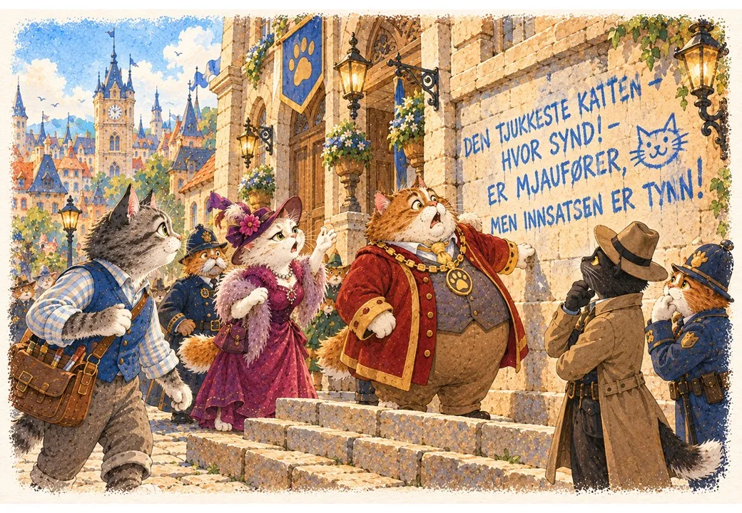 A crowd of well-dressed cats, including the stout mayor in a red coat, stares at the rhyme chalked in blue on the town hall wall.