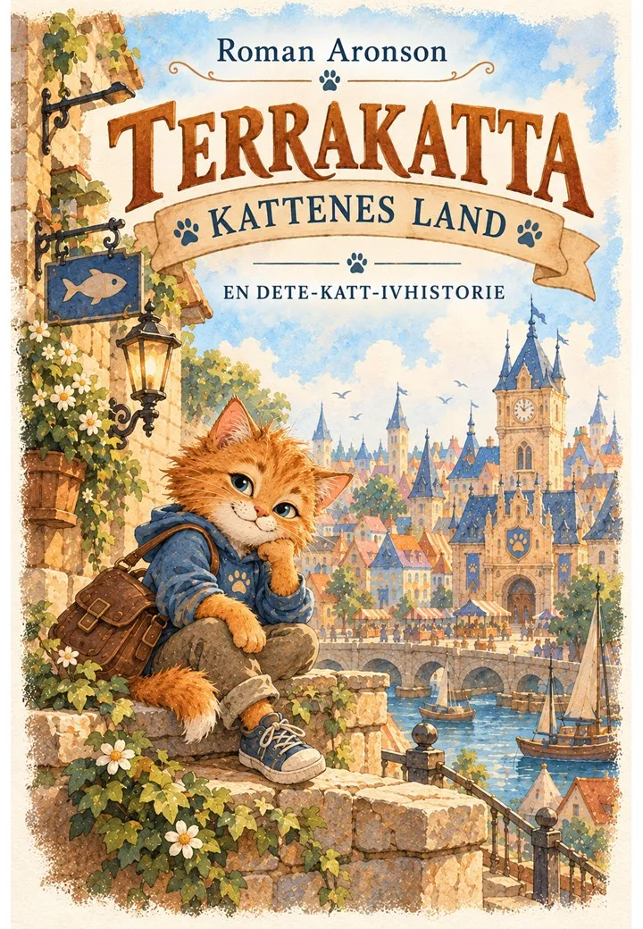 Cover of Terrakatta – Kattenes land by Roman Aronson: a ginger kitten in a blue hoodie sits on a sunny stone wall above a city of spires, towers and sailing boats.