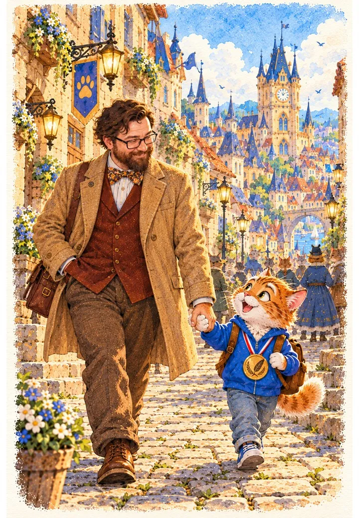 Illustrated portrait of Roman Aronson, a bearded man in glasses and a tweed coat, walking hand in paw with a ginger kitten wearing a medal through a storybook city.